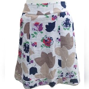Boden Linen Midi Skirt Floral Leaves Multi-Color Women's Pockets Lined Size 4P